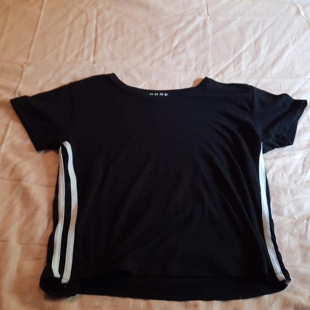 Black tee with 2 white straps
